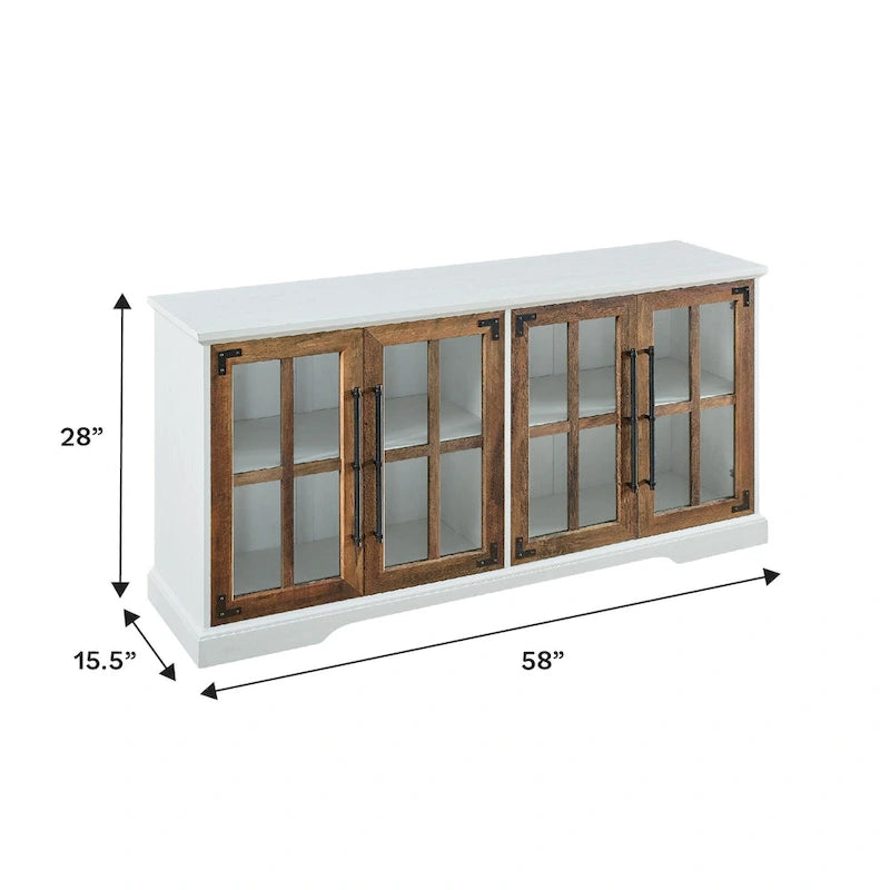 Meuble TV de ferme 4 portes en chêne rustique / gris délavé / blanc brossé