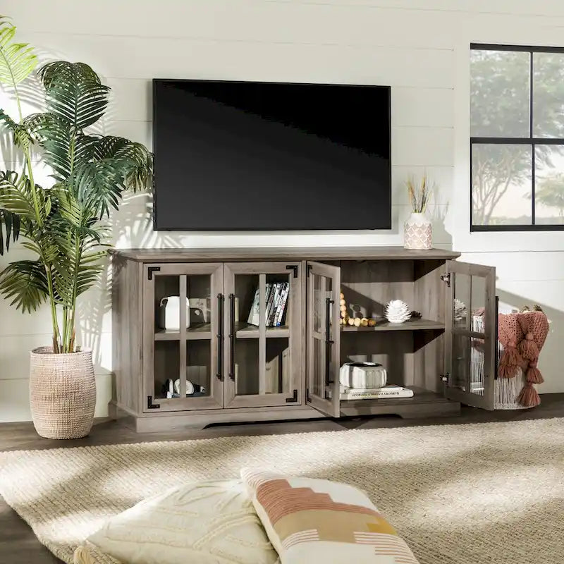 Meuble TV de ferme 4 portes en chêne rustique / gris délavé / blanc brossé