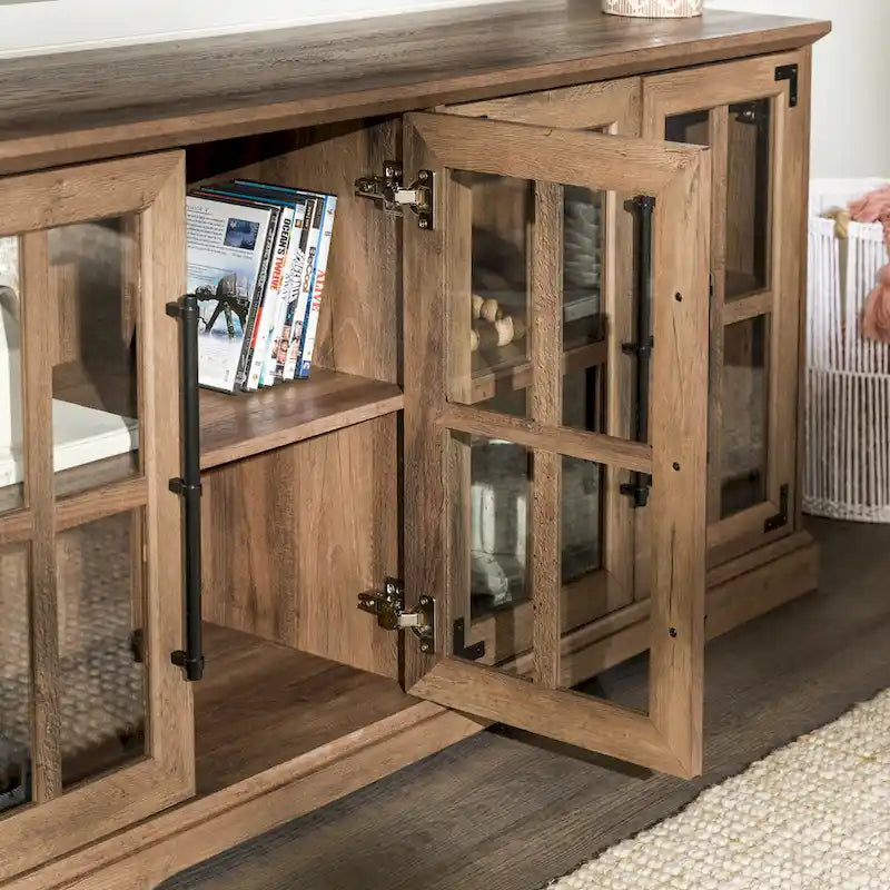 Meuble TV de ferme 4 portes en chêne rustique / gris délavé / blanc brossé