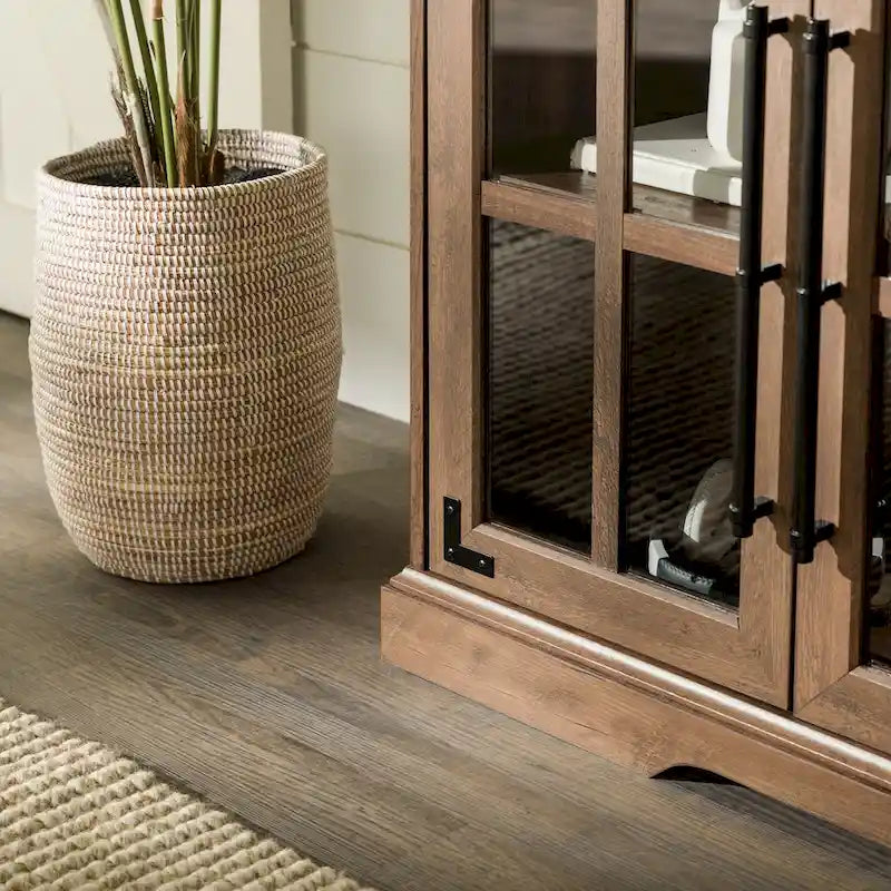 Meuble TV de ferme 4 portes en chêne rustique / gris délavé / blanc brossé