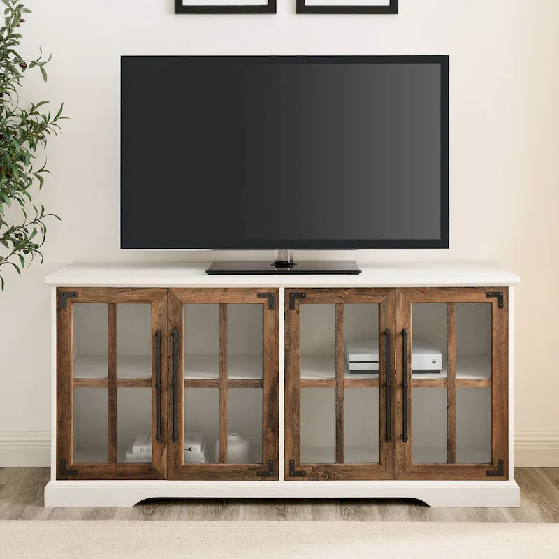 Meuble TV de ferme 4 portes en chêne rustique / gris délavé / blanc brossé