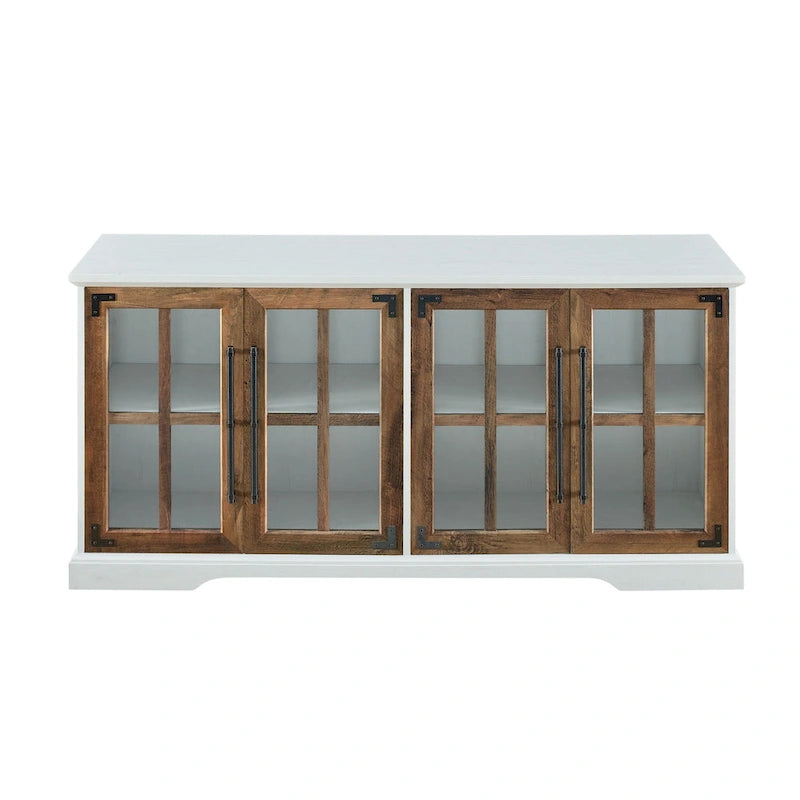 Meuble TV de ferme 4 portes en chêne rustique / gris délavé / blanc brossé