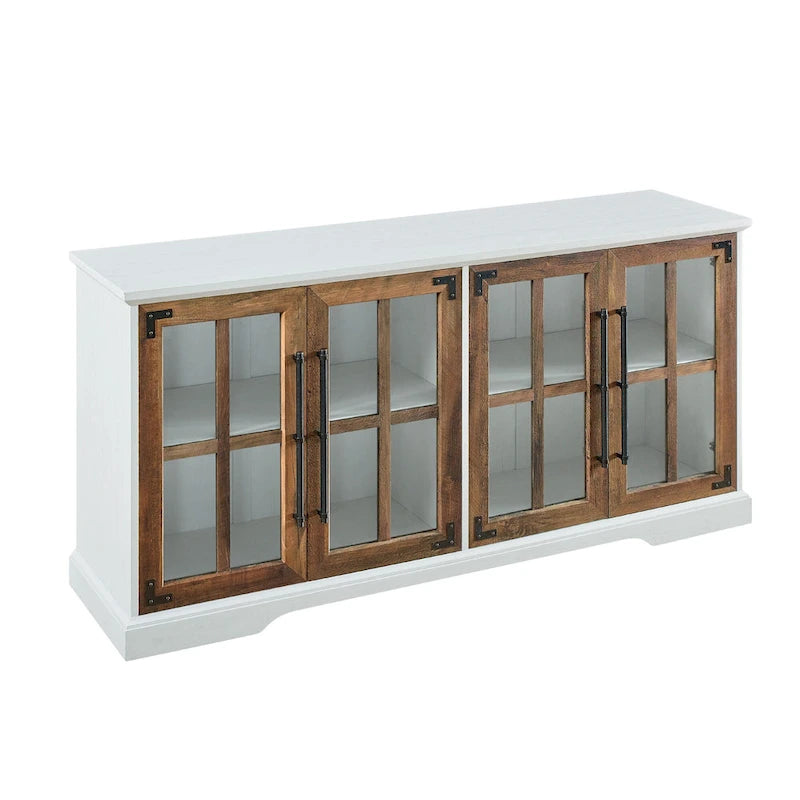 Meuble TV de ferme 4 portes en chêne rustique / gris délavé / blanc brossé