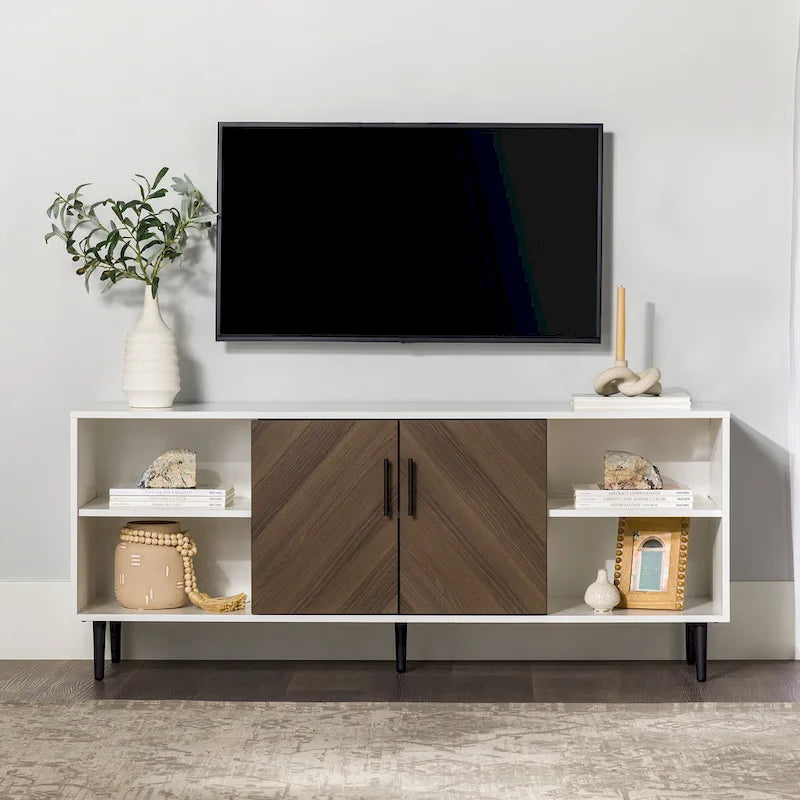 Meuble TV 58", Blanc/Noir et Frêne Assemblé, 2 portes, Convient aux TV jusqu'à 65"
