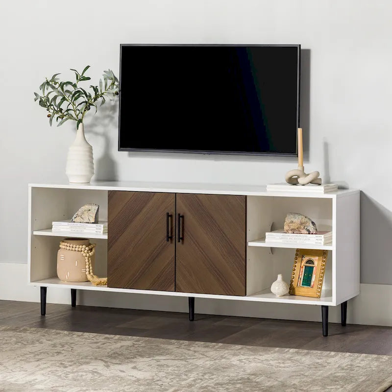 Meuble TV 58", Blanc/Noir et Frêne Assemblé, 2 portes, Convient aux TV jusqu'à 65"