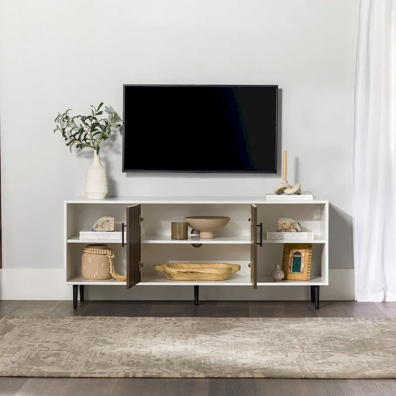 Meuble TV 58", Blanc/Noir et Frêne Assemblé, 2 portes, Convient aux TV jusqu'à 65"