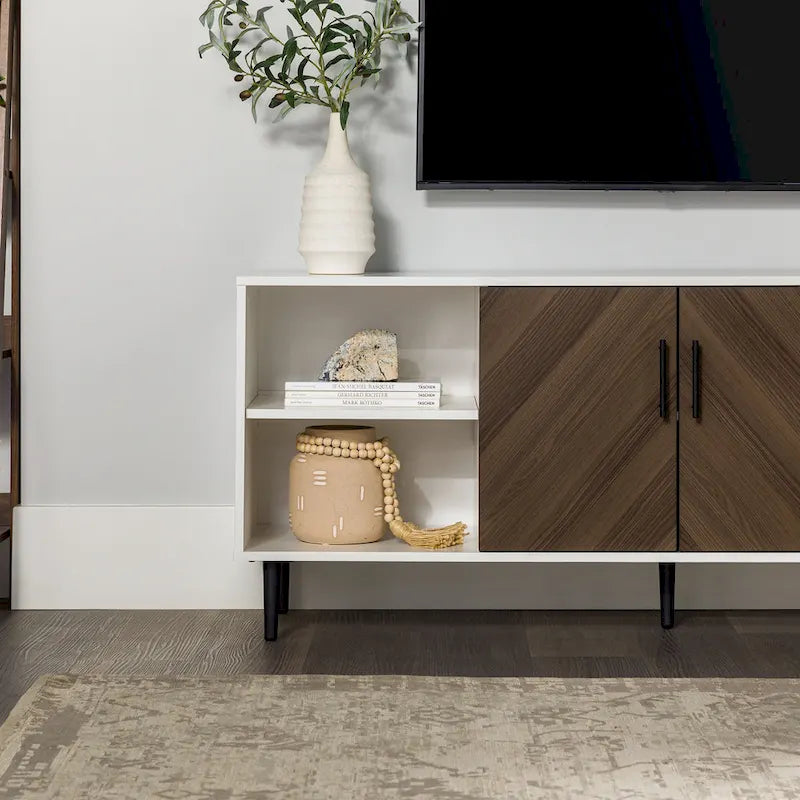 Meuble TV 58", Blanc/Noir et Frêne Assemblé, 2 portes, Convient aux TV jusqu'à 65"