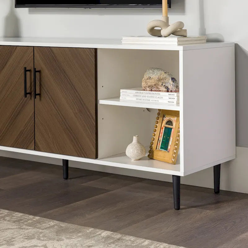Meuble TV 58", Blanc/Noir et Frêne Assemblé, 2 portes, Convient aux TV jusqu'à 65"