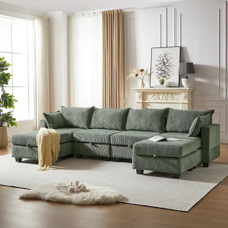Canapé sectionnel modulaire vert en velours côtelé avec rangement, 6 pièces