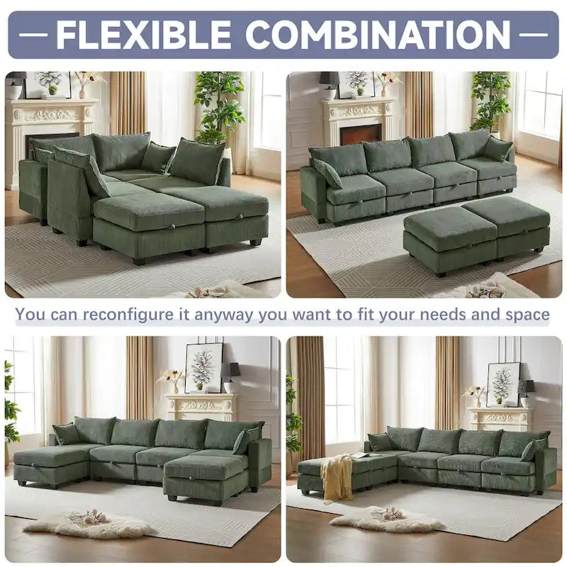 Canapé sectionnel modulaire vert en velours côtelé avec rangement, 6 pièces