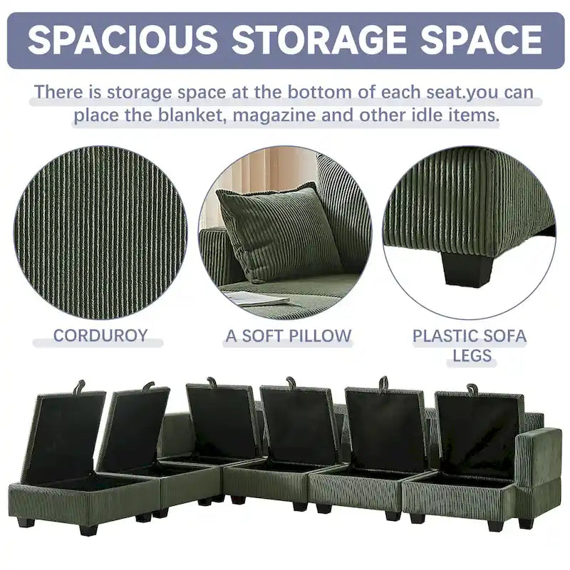 Canapé sectionnel modulaire vert en velours côtelé avec rangement, 6 pièces