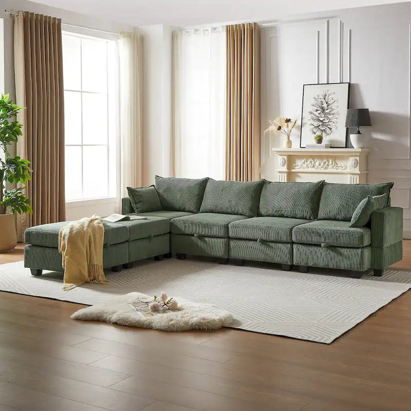 Canapé sectionnel modulaire vert en velours côtelé avec rangement, 6 pièces