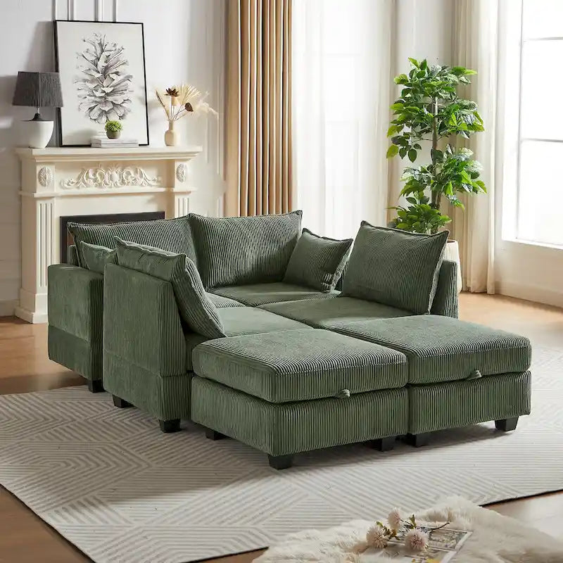 Canapé sectionnel modulaire vert en velours côtelé avec rangement, 6 pièces