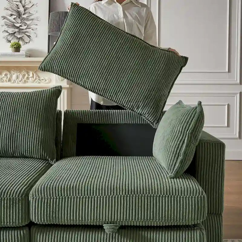 Canapé sectionnel modulaire vert en velours côtelé avec rangement, 6 pièces