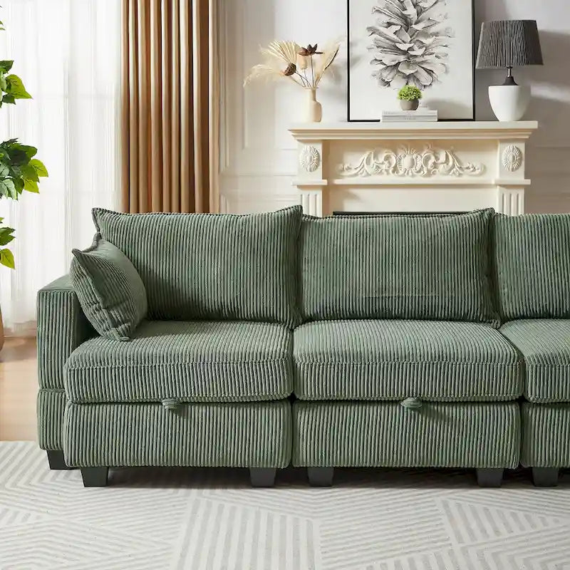 Canapé sectionnel modulaire vert en velours côtelé avec rangement, 6 pièces