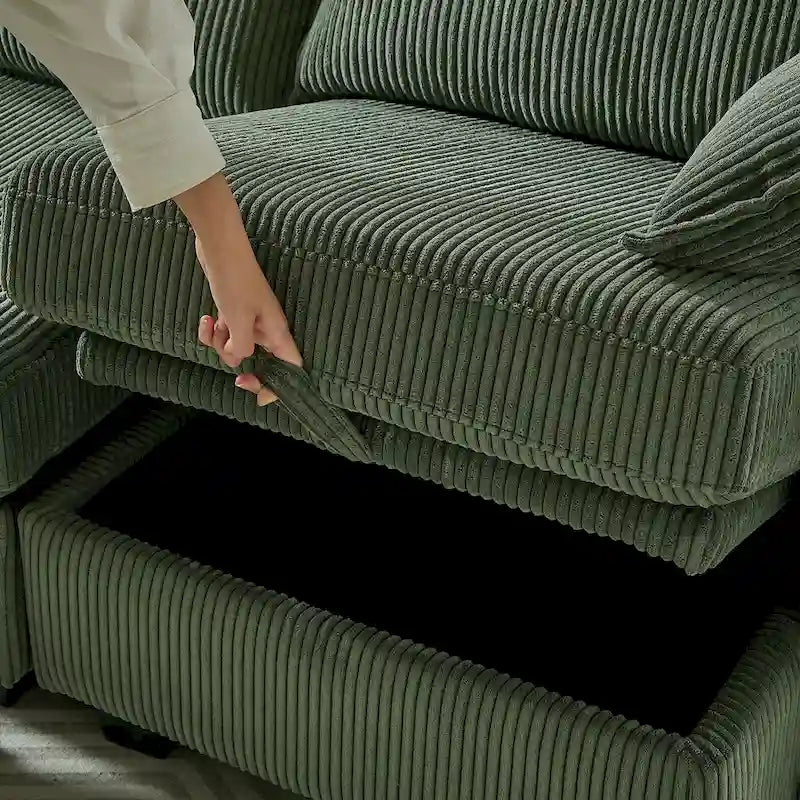 Canapé sectionnel modulaire vert en velours côtelé avec rangement, 6 pièces