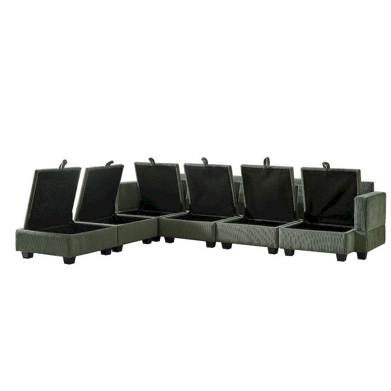 Canapé sectionnel modulaire vert en velours côtelé avec rangement, 6 pièces