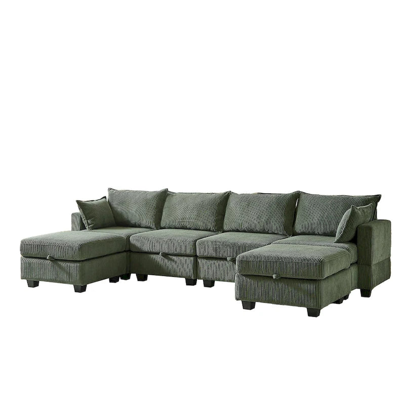 Canapé sectionnel modulaire vert en velours côtelé avec rangement, 6 pièces