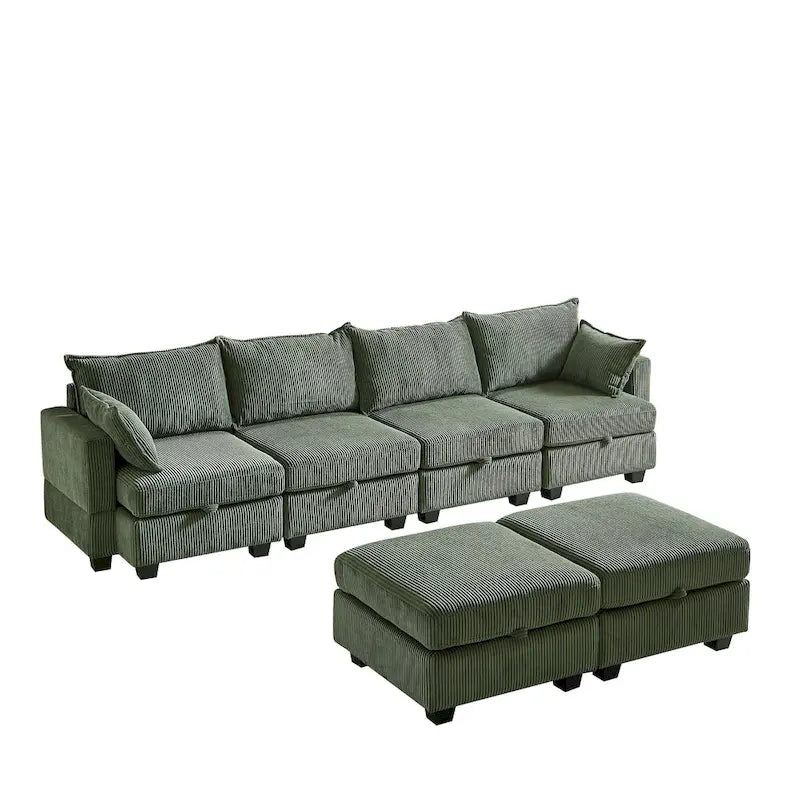 Canapé sectionnel modulaire vert en velours côtelé avec rangement, 6 pièces