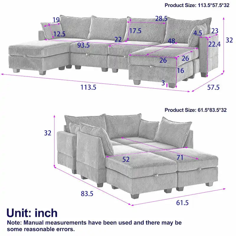 Canapé sectionnel modulaire vert en velours côtelé avec rangement, 6 pièces
