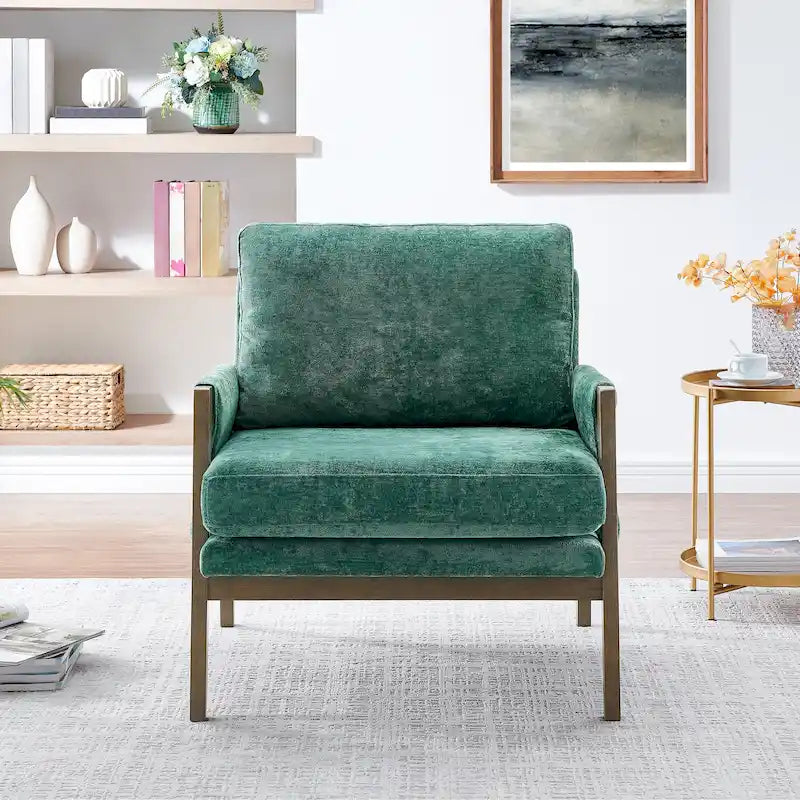 Fauteuil vert velours avec cadre en bois d'hévéa, une place