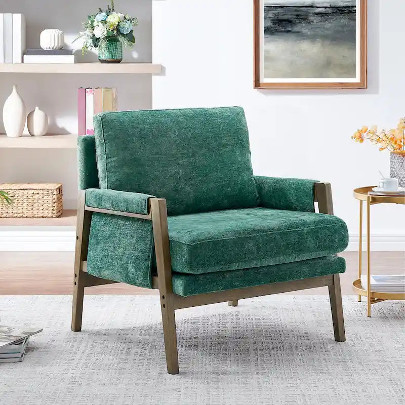 Fauteuil vert velours avec cadre en bois d'hévéa, une place