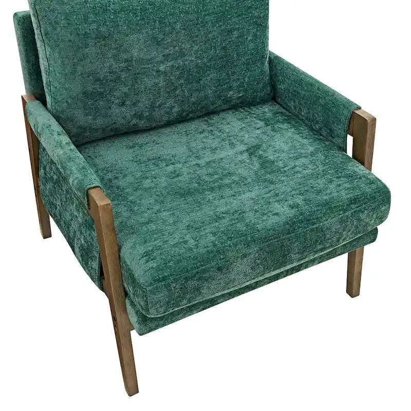 Fauteuil vert velours avec cadre en bois d'hévéa, une place