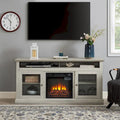 Meuble TV foyer électrique de 152 cm, gris pierre / marron / noir + noyer foncé, pour une pièce, compatible avec les téléviseurs jusqu'à 65 pouces