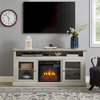 Meuble TV foyer électrique de 152 cm, gris pierre / marron / noir + noyer foncé, pour une pièce, compatible avec les téléviseurs jusqu'à 65 pouces