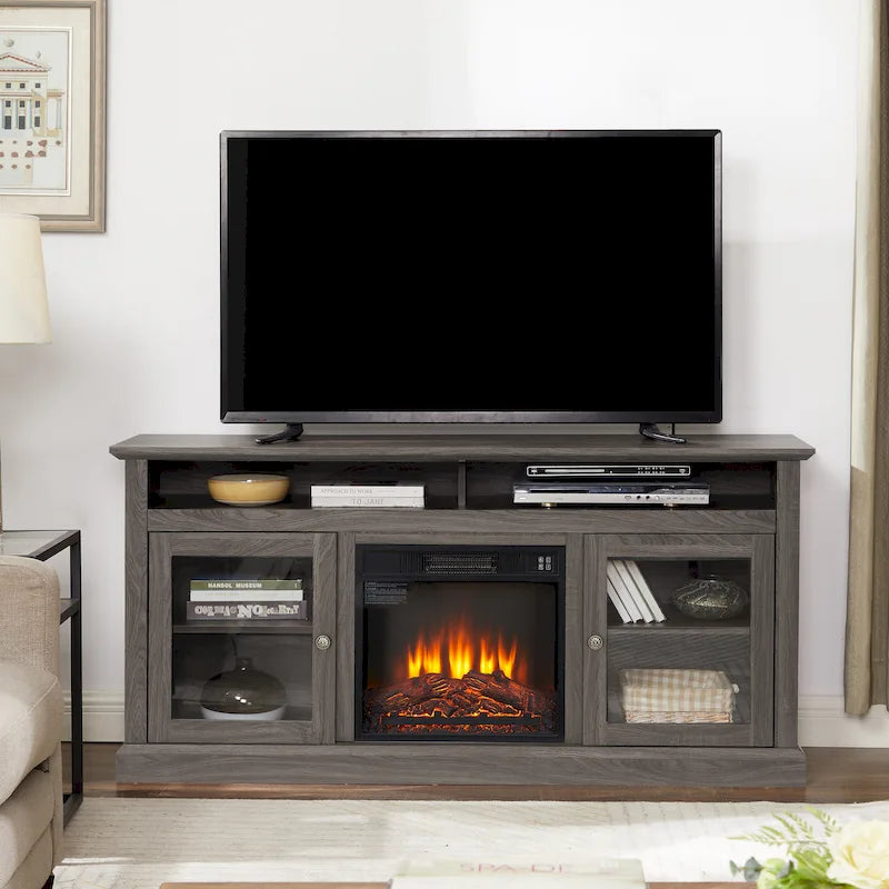 Meuble TV foyer électrique de 152 cm, gris pierre / marron / noir + noyer foncé, pour une pièce, compatible avec les téléviseurs jusqu'à 65 pouces