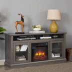 Meuble TV foyer électrique de 152 cm, gris pierre / marron / noir + noyer foncé, pour une pièce, compatible avec les téléviseurs jusqu'à 65 pouces