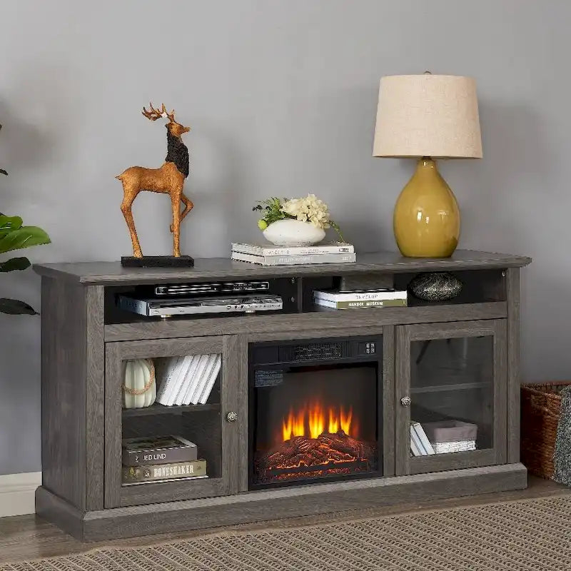 Meuble TV foyer électrique de 152 cm, gris pierre / marron / noir + noyer foncé, pour une pièce, compatible avec les téléviseurs jusqu'à 65 pouces