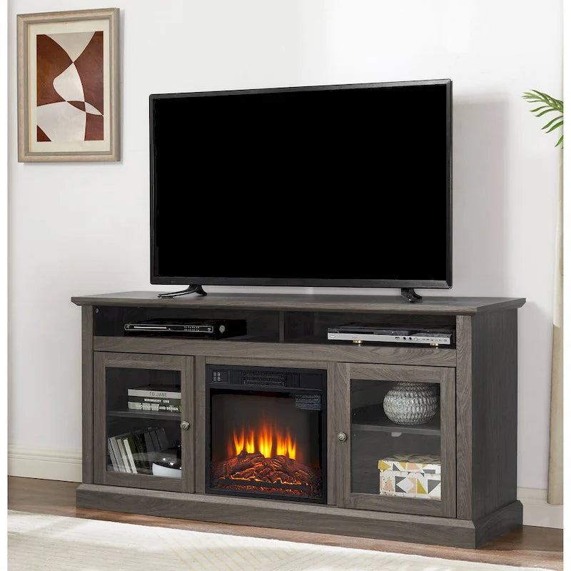 Meuble TV foyer électrique de 152 cm, gris pierre / marron / noir + noyer foncé, pour une pièce, compatible avec les téléviseurs jusqu'à 65 pouces