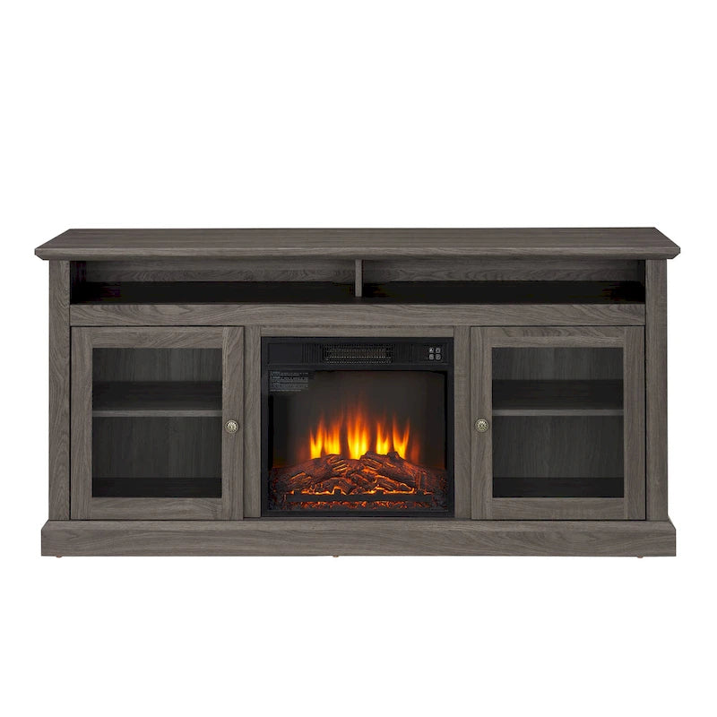 Meuble TV foyer électrique de 152 cm, gris pierre / marron / noir + noyer foncé, pour une pièce, compatible avec les téléviseurs jusqu'à 65 pouces