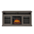 Meuble TV foyer électrique de 152 cm, gris pierre / marron / noir + noyer foncé, pour une pièce, compatible avec les téléviseurs jusqu'à 65 pouces
