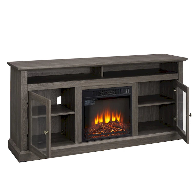 Meuble TV foyer électrique de 152 cm, gris pierre / marron / noir + noyer foncé, pour une pièce, compatible avec les téléviseurs jusqu'à 65 pouces