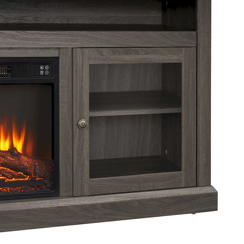 Meuble TV foyer électrique de 152 cm, gris pierre / marron / noir + noyer foncé, pour une pièce, compatible avec les téléviseurs jusqu'à 65 pouces