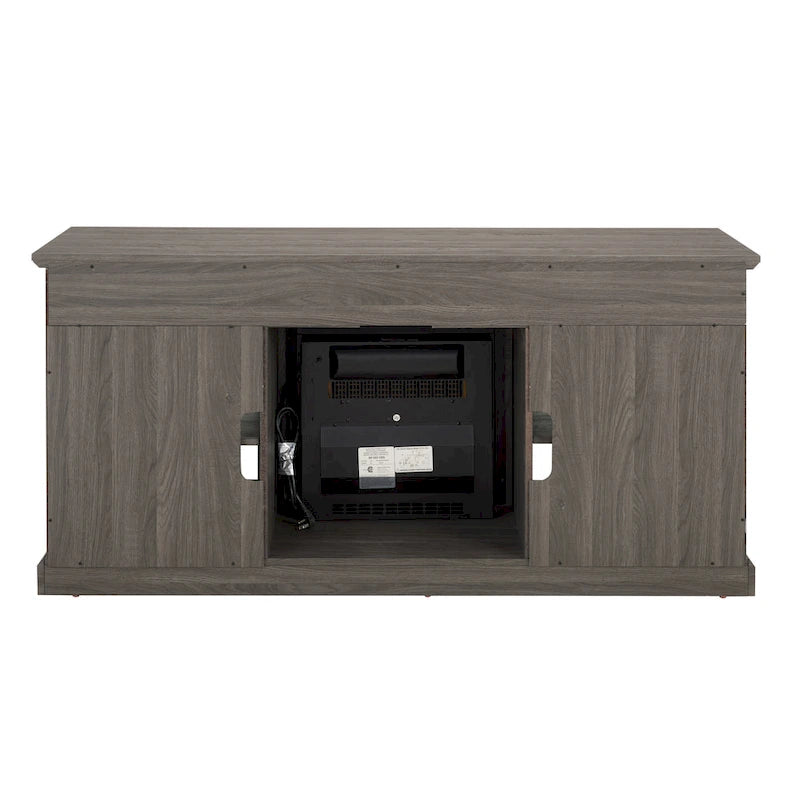 Meuble TV foyer électrique de 152 cm, gris pierre / marron / noir + noyer foncé, pour une pièce, compatible avec les téléviseurs jusqu'à 65 pouces