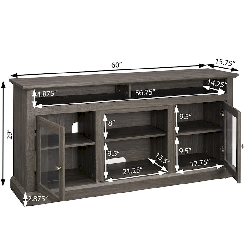 Meuble TV foyer électrique de 152 cm, gris pierre / marron / noir + noyer foncé, pour une pièce, compatible avec les téléviseurs jusqu'à 65 pouces