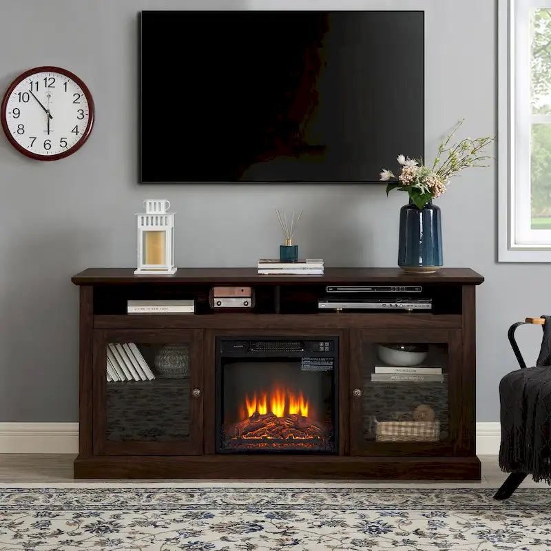 Meuble TV foyer électrique de 152 cm, gris pierre / marron / noir + noyer foncé, pour une pièce, compatible avec les téléviseurs jusqu'à 65 pouces