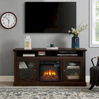 Meuble TV foyer électrique de 152 cm, gris pierre / marron / noir + noyer foncé, pour une pièce, compatible avec les téléviseurs jusqu'à 65 pouces