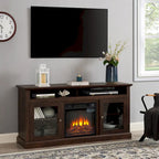Meuble TV foyer électrique de 152 cm, gris pierre / marron / noir + noyer foncé, pour une pièce, compatible avec les téléviseurs jusqu'à 65 pouces