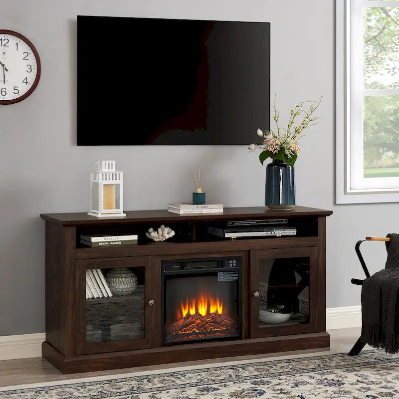Meuble TV foyer électrique de 152 cm, gris pierre / marron / noir + noyer foncé, pour une pièce, compatible avec les téléviseurs jusqu'à 65 pouces