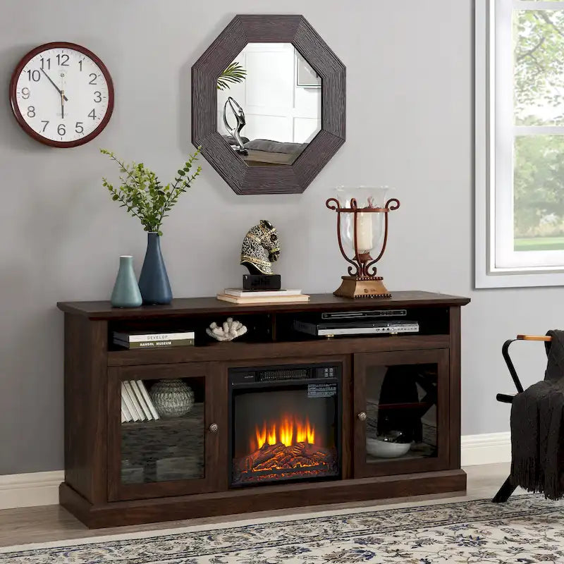 Meuble TV foyer électrique de 152 cm, gris pierre / marron / noir + noyer foncé, pour une pièce, compatible avec les téléviseurs jusqu'à 65 pouces