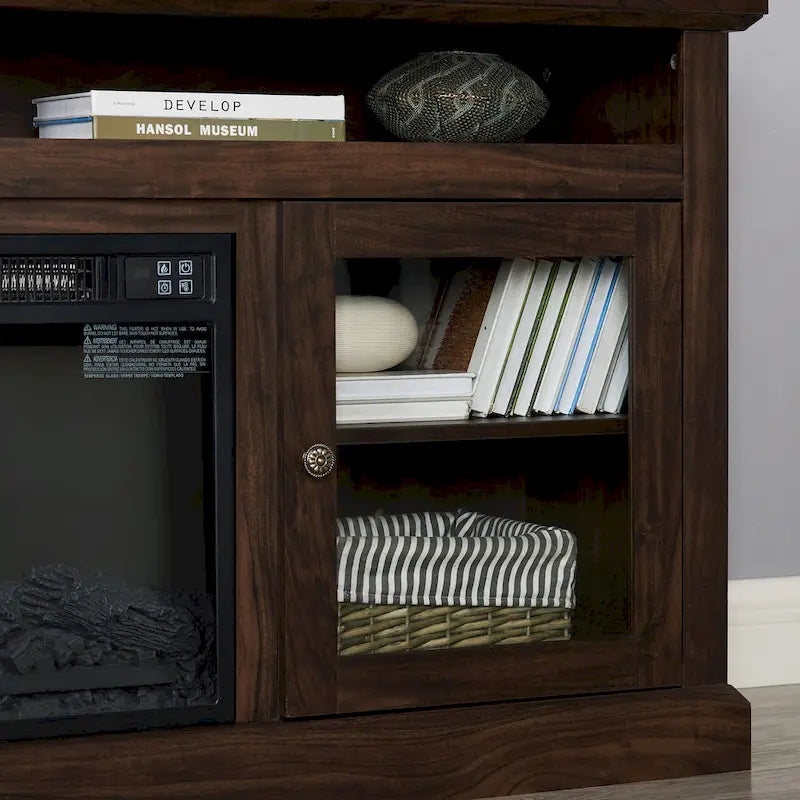 Meuble TV foyer électrique de 152 cm, gris pierre / marron / noir + noyer foncé, pour une pièce, compatible avec les téléviseurs jusqu'à 65 pouces