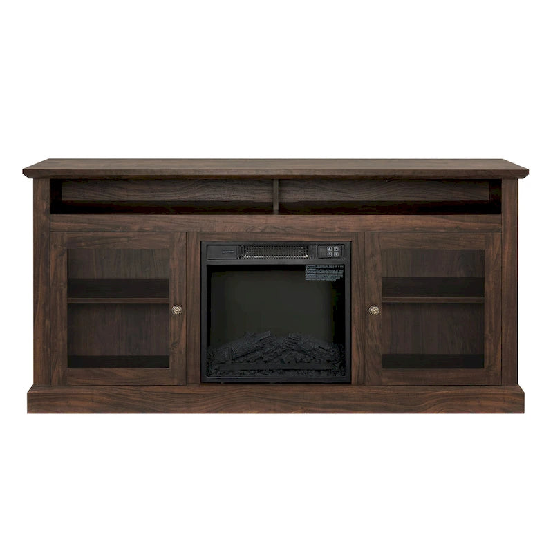 Meuble TV foyer électrique de 152 cm, gris pierre / marron / noir + noyer foncé, pour une pièce, compatible avec les téléviseurs jusqu'à 65 pouces
