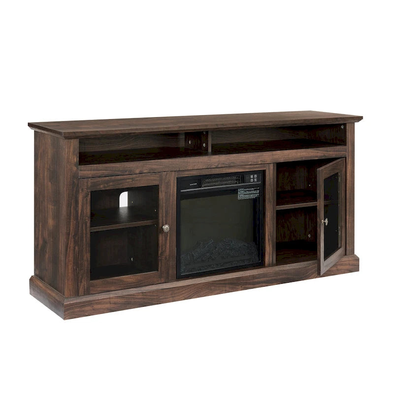 Meuble TV foyer électrique de 152 cm, gris pierre / marron / noir + noyer foncé, pour une pièce, compatible avec les téléviseurs jusqu'à 65 pouces