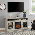 Meuble TV foyer électrique de 152 cm, gris pierre / marron / noir + noyer foncé, pour une pièce, compatible avec les téléviseurs jusqu'à 65 pouces
