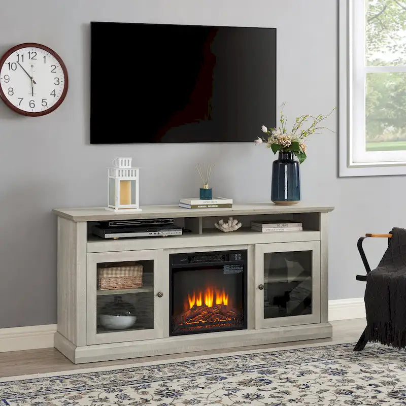 Meuble TV foyer électrique de 152 cm, gris pierre / marron / noir + noyer foncé, pour une pièce, compatible avec les téléviseurs jusqu'à 65 pouces