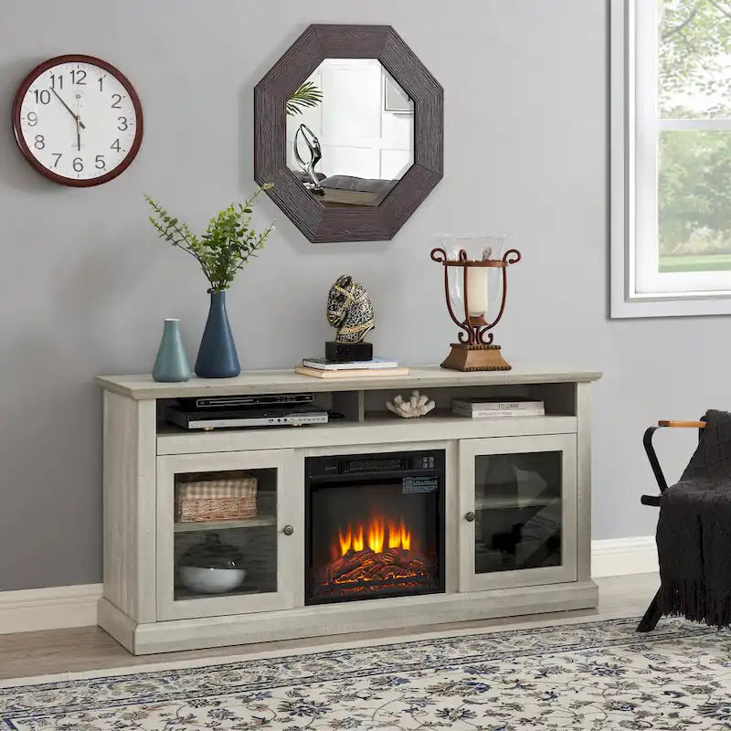 Meuble TV foyer électrique de 152 cm, gris pierre / marron / noir + noyer foncé, pour une pièce, compatible avec les téléviseurs jusqu'à 65 pouces